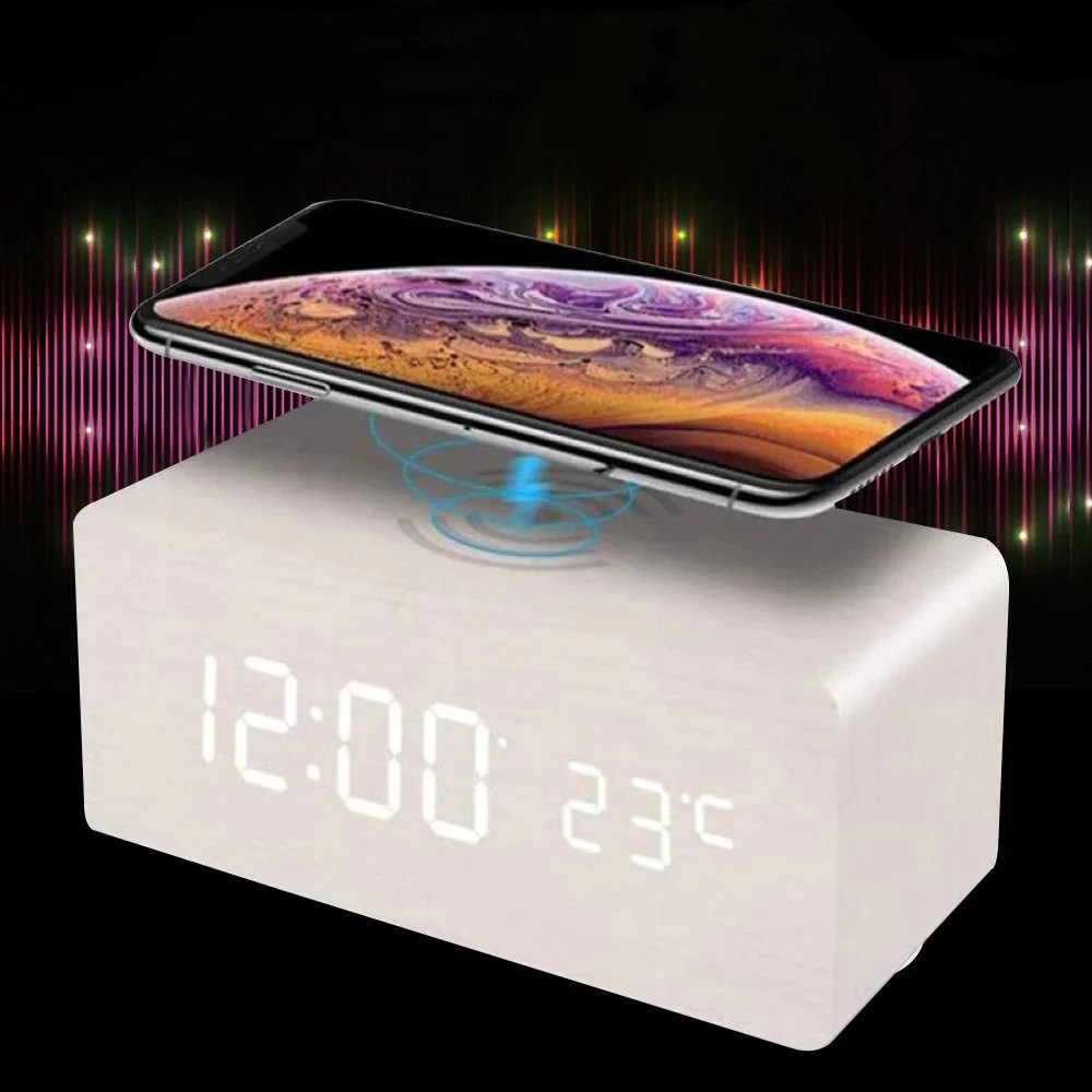Eco-friendly Wooden Grain Portable 10w Qi Fast Charging Phone Charger Led Digital Alarm Clock
