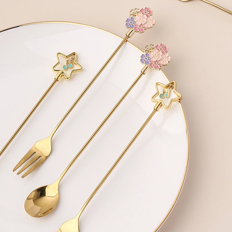 Gold Stainless Steel Creative Long Handle Stirring Coffee Spoon Fruit Fork Light Luxury Flatware Set Home Kitchenware