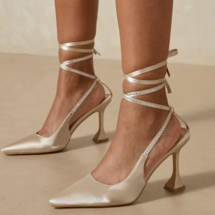 2024 Elegant Sexy Pointed Toe Sandals Women Ankle Cross Straps Stiletto High Heels Hot Drilling Party Zapatos Heels for Ladies