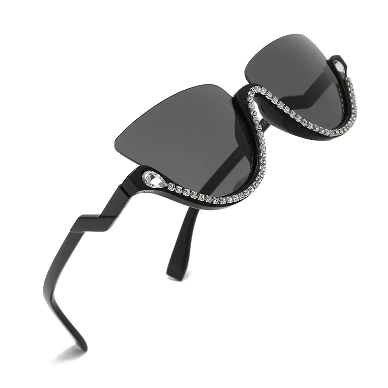 NWOGLSS T1011 Trendy Women Cat Eye Half Frame Rhinestone Glasses Diamond Sunglasses