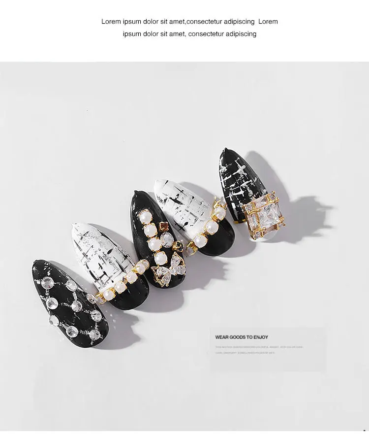 Hot Sell 8 Design Nail Gold Silver Chain Jewelry Japanese Pearl Alloy Nail Diamond Decoration