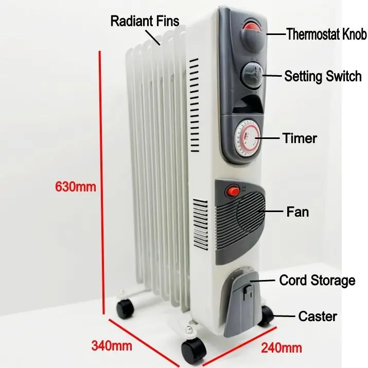 BODE 1000W~2500W Hot Sale Grey Electric Room Oil Heaters With Fan Adjustable Thermostat Overheat Protection