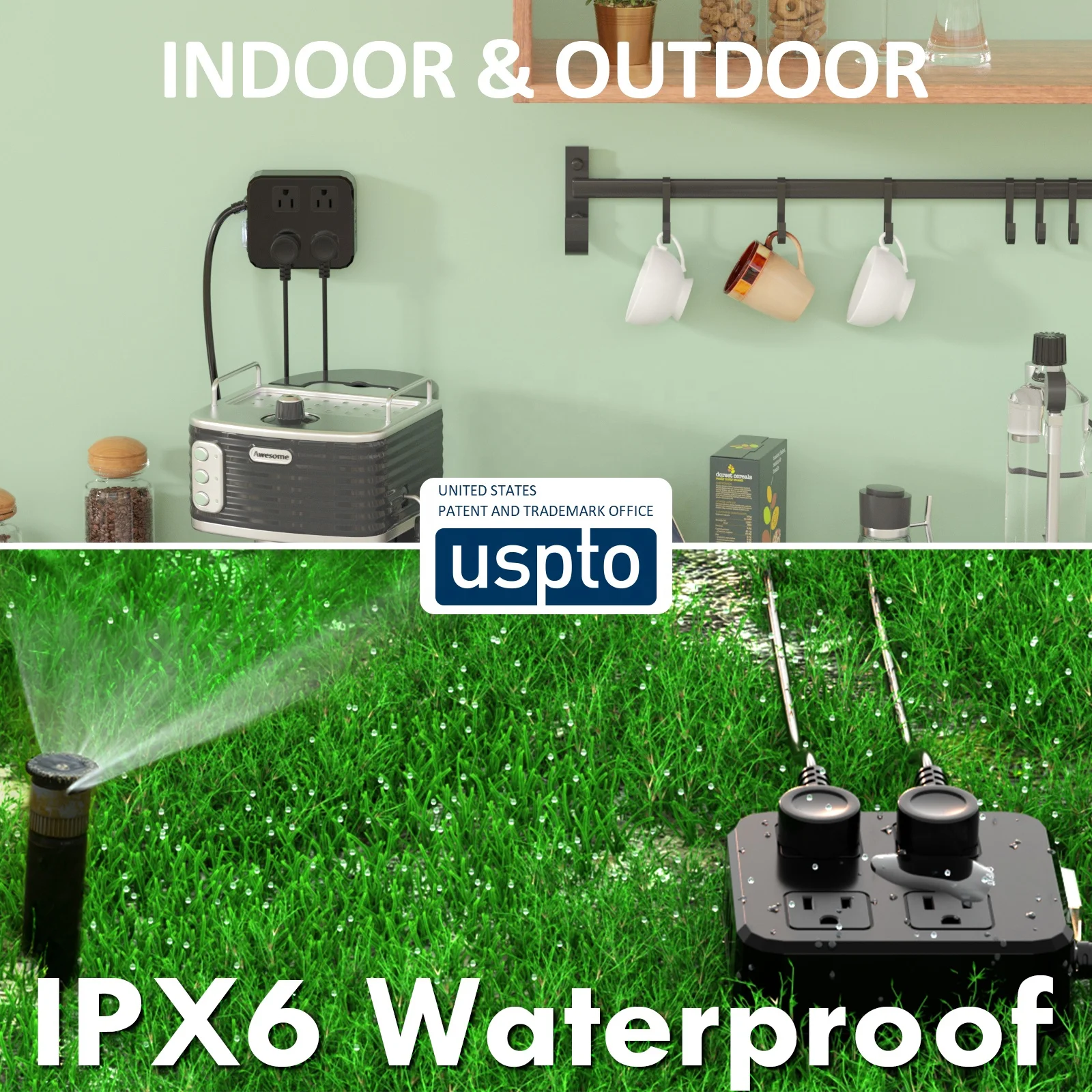 Outdoor Waterproof Power Strip 4 Wide Pitch Outlets IPX6 Waterproof Suitable for Home Office