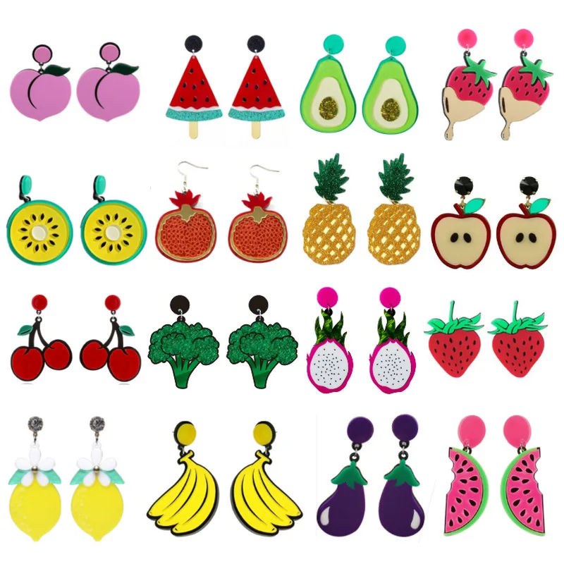New Fruits Vegetables Theme Earrings Strawberry Watermelon Pomegranate Cauliflower for Women Girl Decoration Supplies