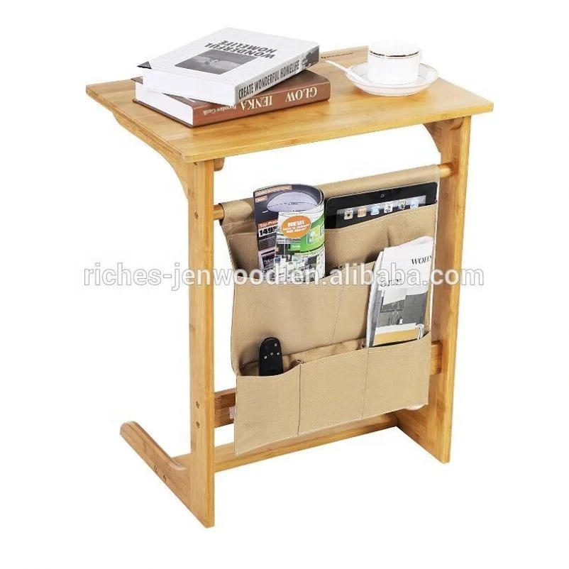 Bamboo Snack Table with Storage Bag Sofa Side Table Console Laptop Desk