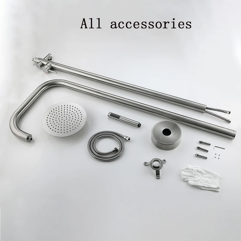 Freestanding Outdoor Shower Set Brushed Nickel Stainless Steel Column Dual Handles Swimming Pool Beach Garden