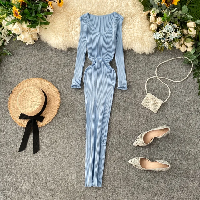 Women Autumn Knitted Dress V Neck Sexy Basic Bodycon Sweater Dress Winter knit Warm Long Dress