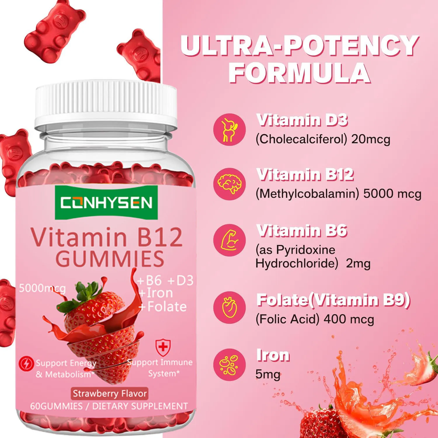 Vitamin B12 Gummies Sugar Free Iron with Vitamin B12 5000mcg Supplement Support Immune System
