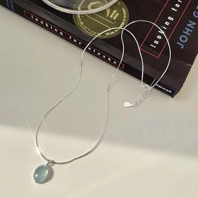 S925 Sterling Silver Moonstone Aquamarine Necklaces For Women Exquisite Snake Chain Choker Necklace Versatile Fashion Jewelry