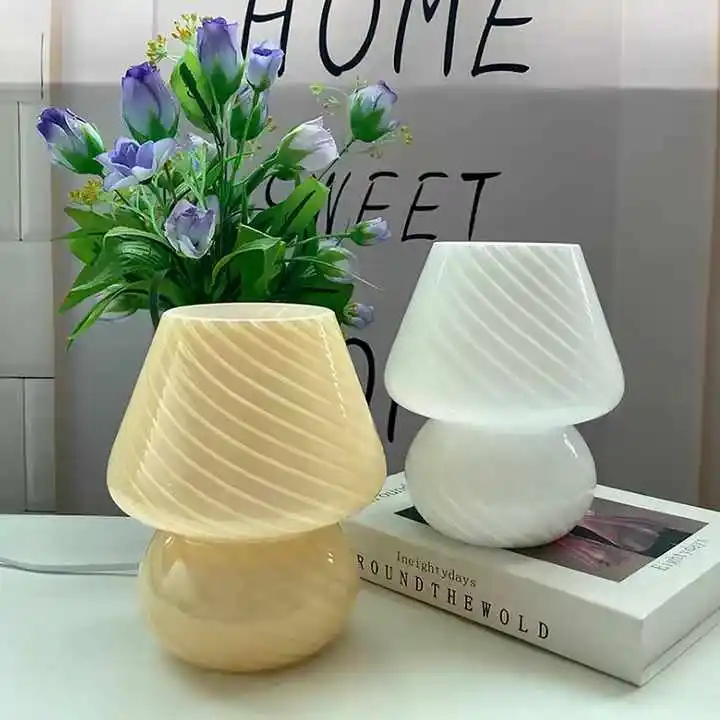 Home Decor White Dimmable Bedside Cute Small Nightstand Striped Glass mini table lamps mushroom for Living Room