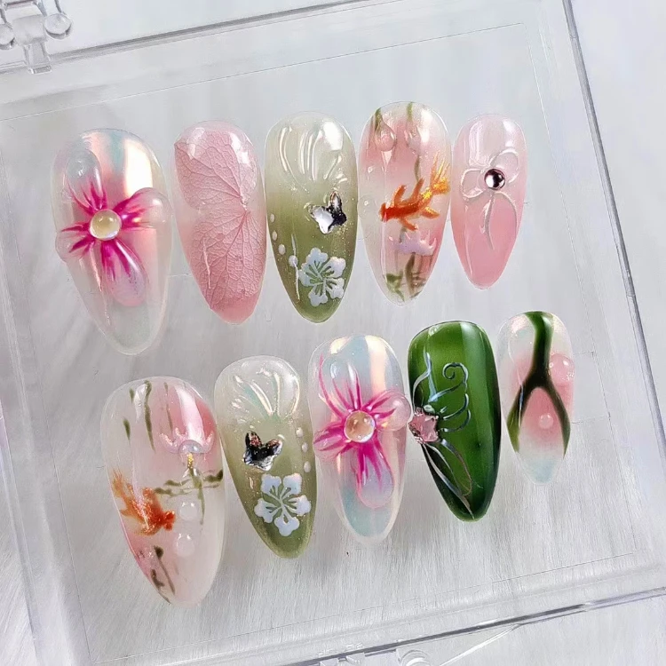 2025 Luxury Almond Pattern 3D Press-On Gel Nails 10pcs High Quality Soft ABS Acrylic Handmade Reusable Nail Art Model Design