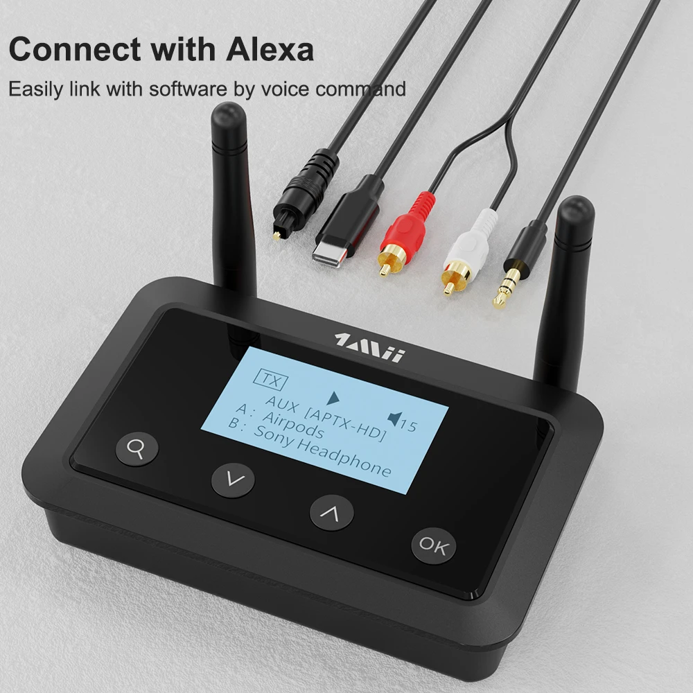 2023 Upgraded, 1Mii B03+ BT 5.0 Transmitter Receiver with Screen, 3 in 1 Long Range Adapter, Optical AUX 3.5mm Inputs/Outputs