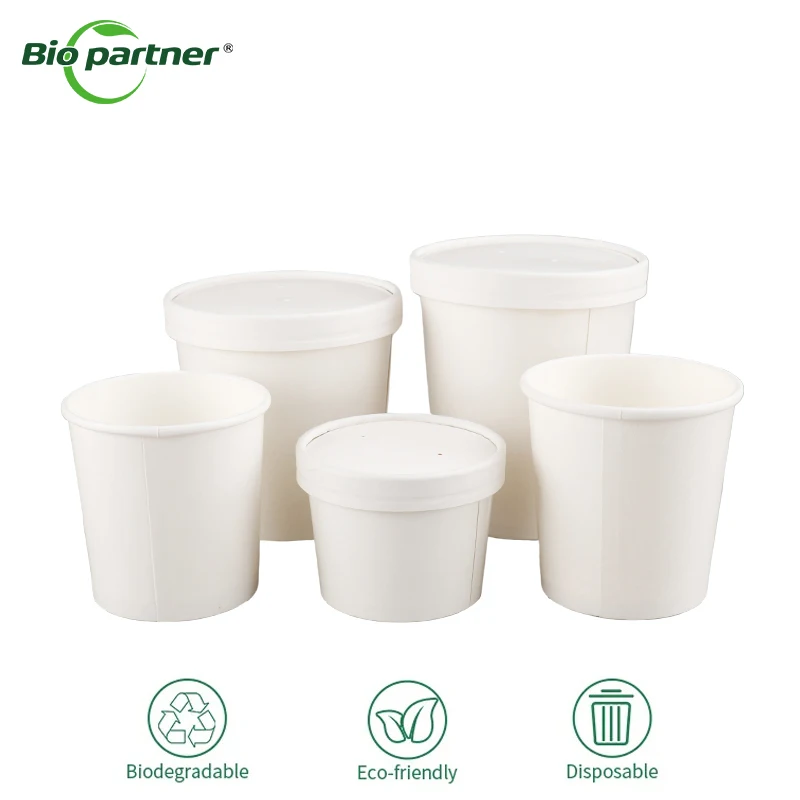 Biodegradable Disposable Kraft Paper White Takeaway Rice Packaging Cup Yogurt Ice Cream Kraft Soup Cup with Lid Paper Bowl