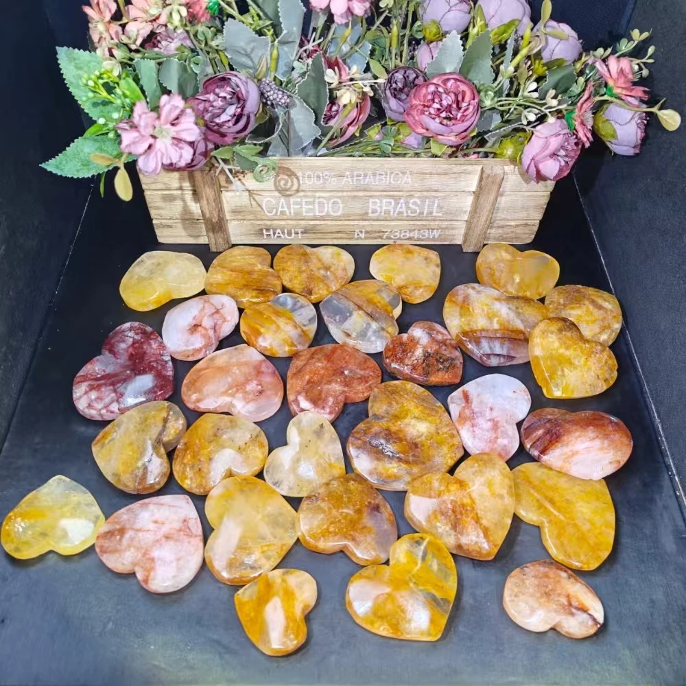 Healing Natural Stone Red Fire Quartz And Yellow Fire Quartz Heart Symbiotic for Meditation