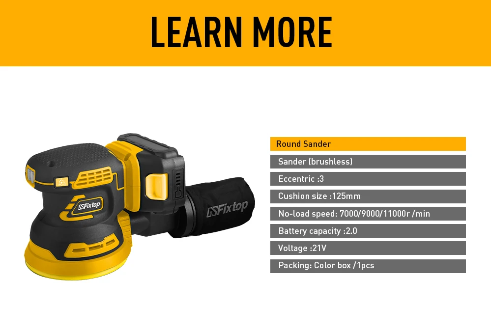 GSFIXTOP Cordless Brushless Circular Sander 1 Battery Pack Color Box Packaging   21V with cushion size 125mm