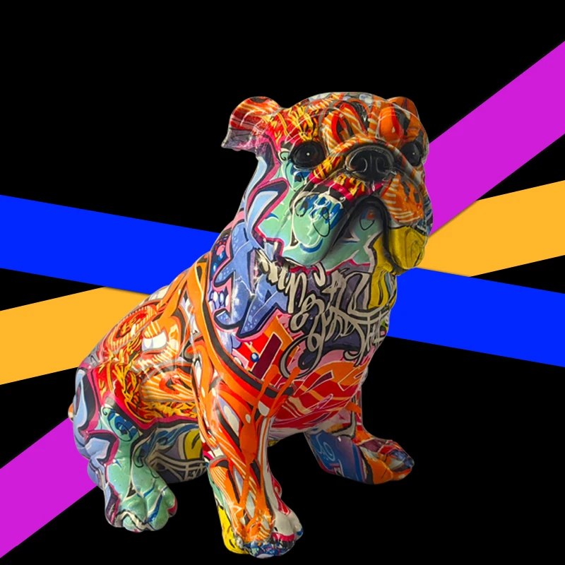 Colorful Sitting Bulldog Wearing Headset  Resin Crafts with Home Decoration