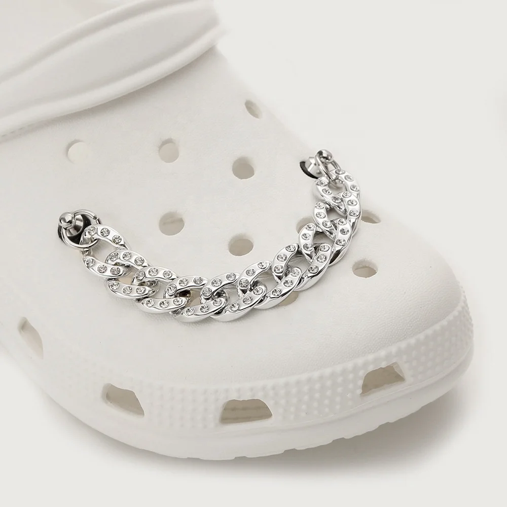 Hot sale luxury shoe chain rhinestone alloy  pearl gold sliver metal croc charms chains for crocs sandals