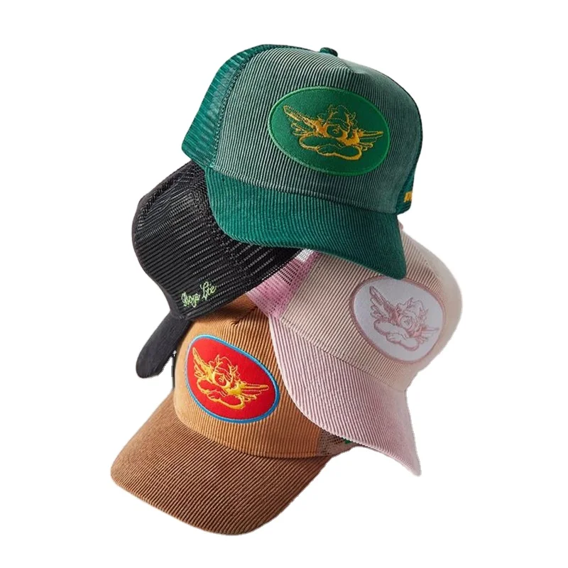 women men plain high quality custom logo patch two tone color corduroy 5 panel A fame cap mesh trucker hat with logo