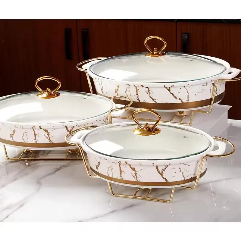 ASSMILE  Wholesale factory direct restaurant used luxury oval shape marble buffet ceramic food warmer with stand