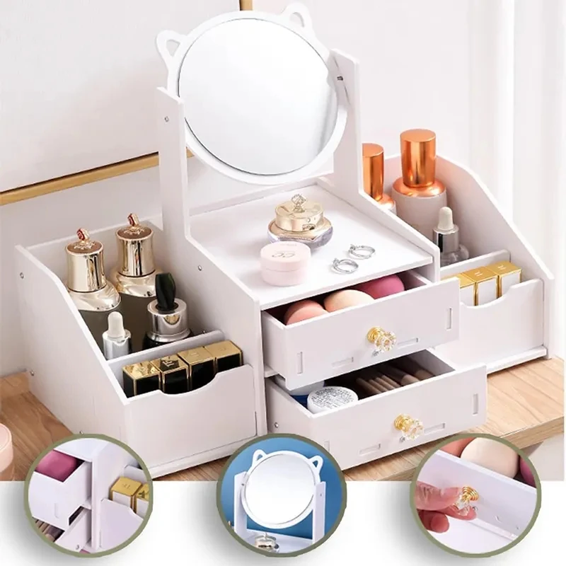 Multifunctional Luxury white round mirror nordic cosmetic storage box makeup organizer with cat ears with Mirror