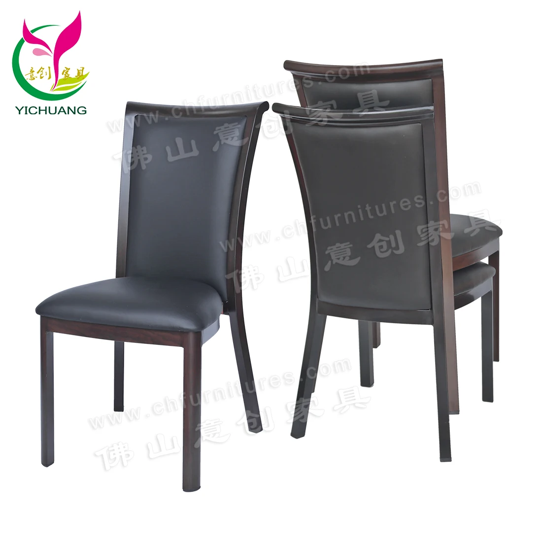 Manufacturing rectangle curve back brown leather stackable aluminum hotel dining wood grain banquet chair in China