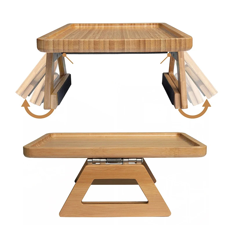 portable bamboo wood foldable clip on sofa tray table  bamboo couch arm tray