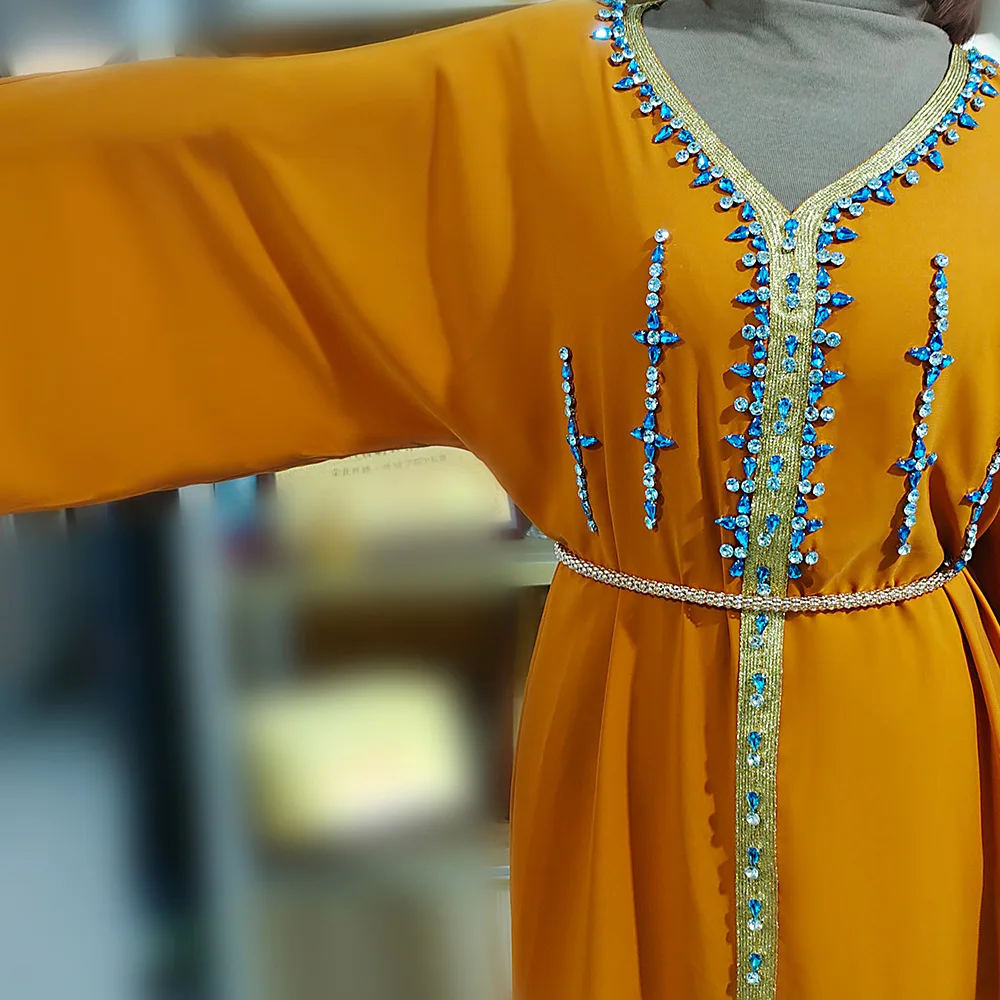 Hand Sew Diamond V Neck Raglan Long Sleeve Abaya Loose Sleeves Beaded Moroccan Caftan Turkey Arabic Eid Clothes