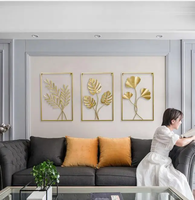 European Style 3d Interior Luxury Gold Metal Frame Metal Wall Art Hanging Leaf Flower Home Decor