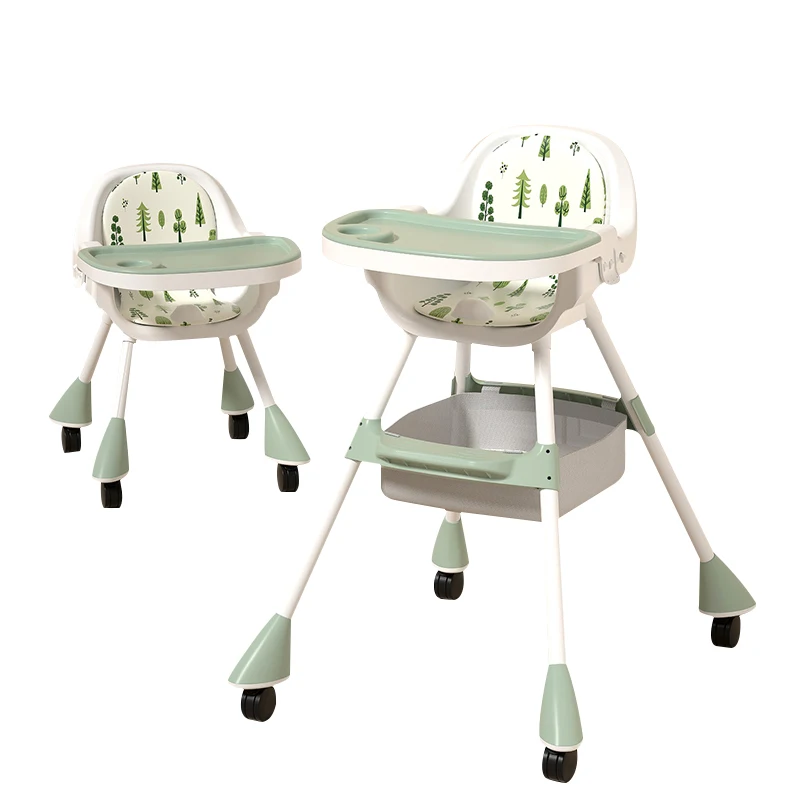 Multi-function Baby Feeding High Chair with Double Plate and Wheel Baby Feeding High Chair 3-in-1 Equipped with storage bag
