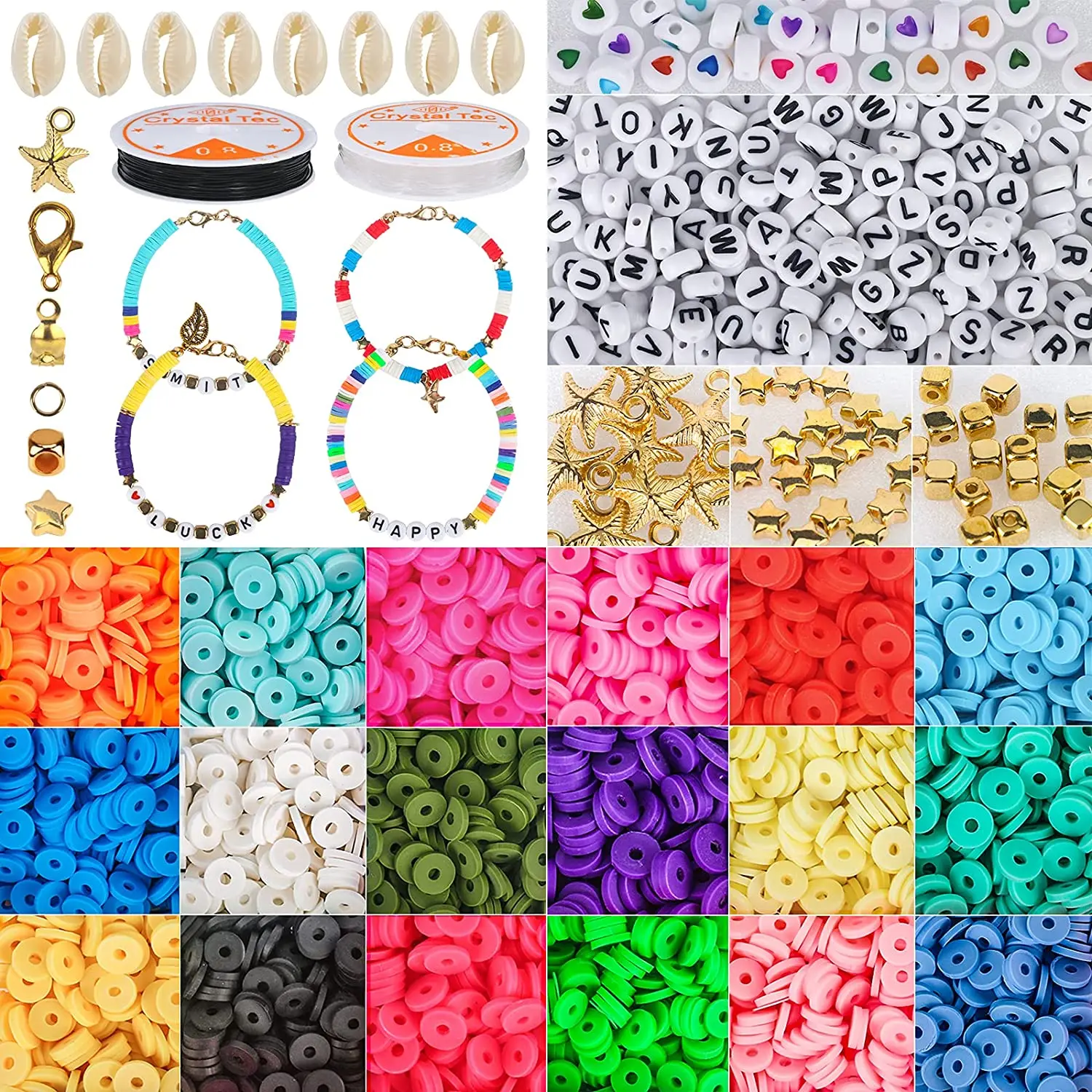 5000Pcs Clay Beads for Jewelry Making with 234 pcs Letter Beads for Bracelets Making kit 18 Colors Flat Round Spacer Clay Beads