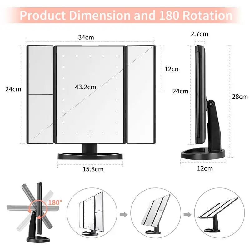 22-light three-fold mirror 2X3X enlarged LED makeup mirror comb makeup desktop three-side folding mirror with light
