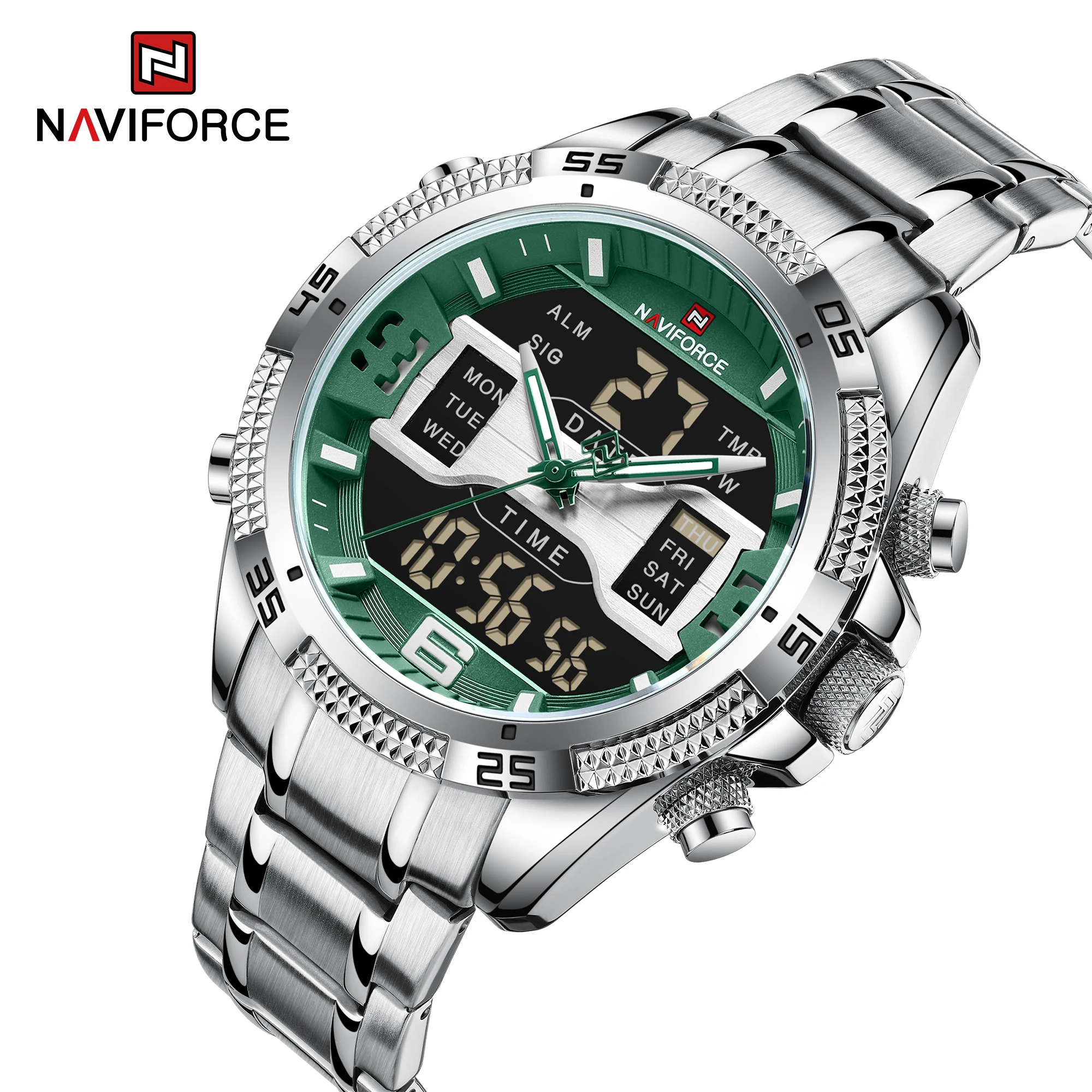 Часы наручные NAVIFORCE Мужские кварцевые люксовые Брендовые спортивные цифровые аналоговые водонепроницаемые с двойным дисплеем 9201