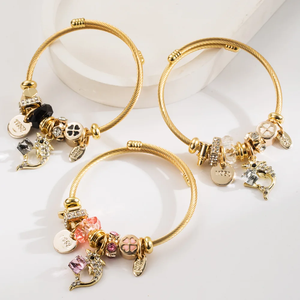 Wholesale Stainless Steel Crystal Bead Bangle Gold Plated Custom Animal Dolphin Charm Bracelet For Girls