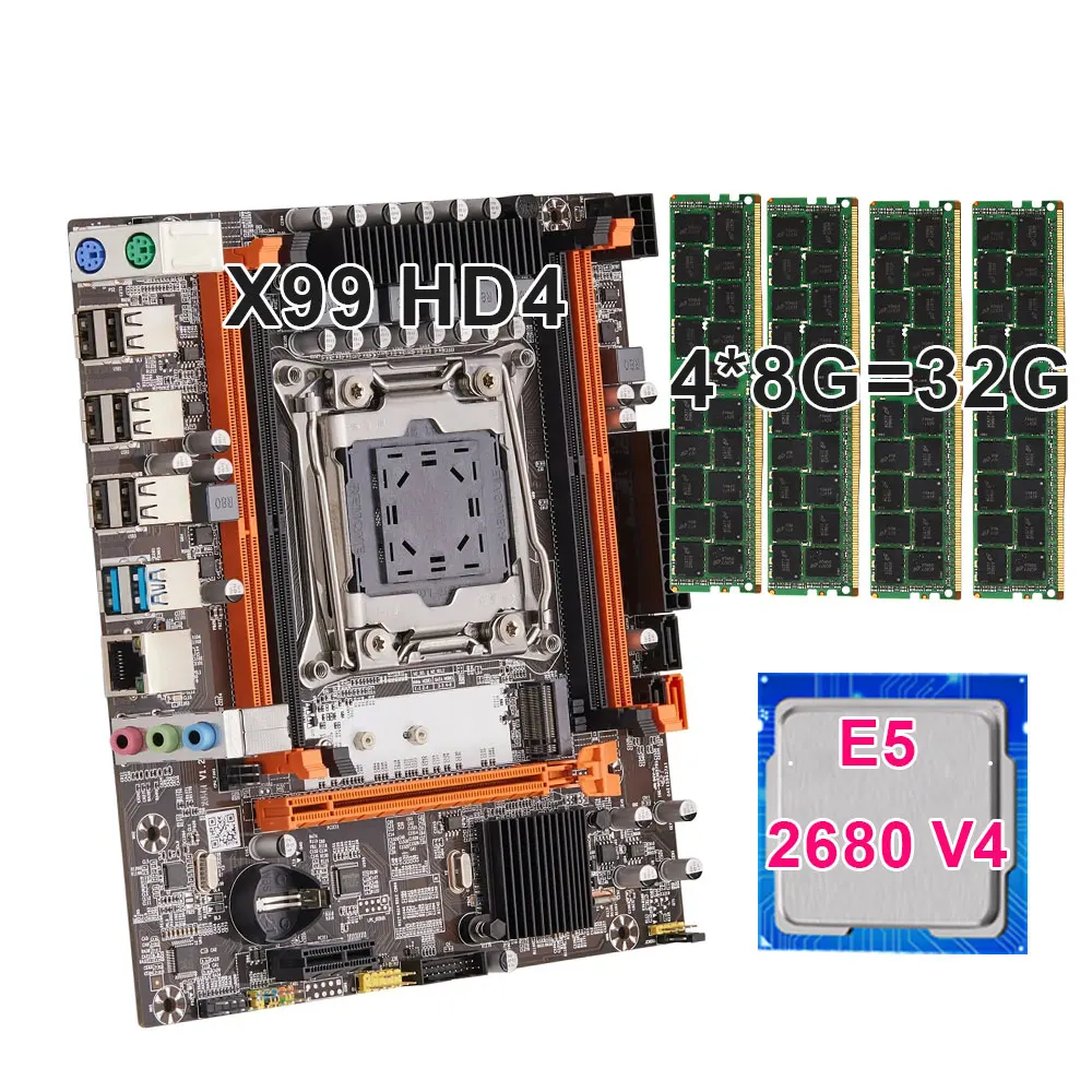 KEYIYOU X99 Motherboard LGA 2011-3 motherboard kit xeon x99 E5 2680 V4 CPU Processor 2.40GHz 14-Core 35M And DDR4 32G Memory