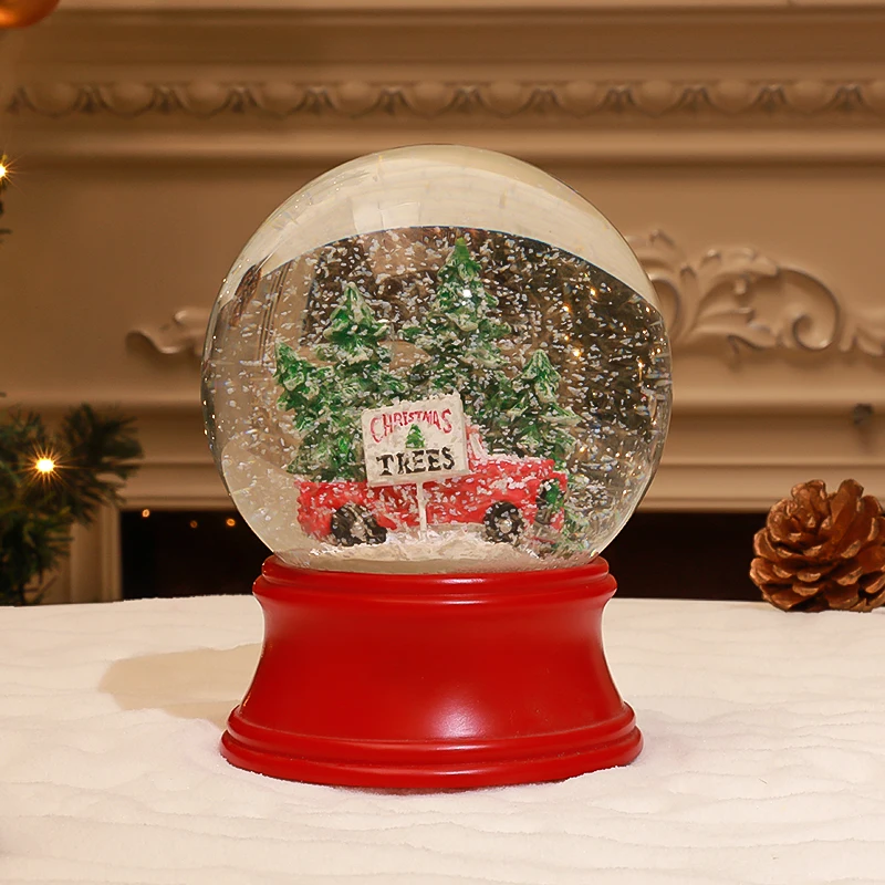 Custom Tree Snow Globe Resin Water Globe Glass Blowing Snow Tree Red Car Red Base Christmas Decor Gift Music Resin Snow Globe