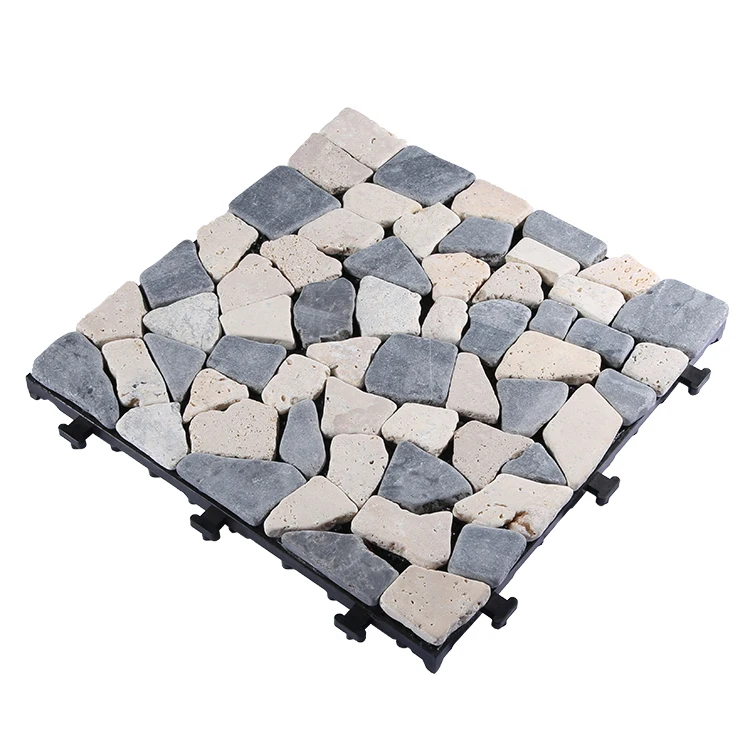 Outdoor travertine slab mosaic garden tile ,  DIY interlocking flooring natural stone decking