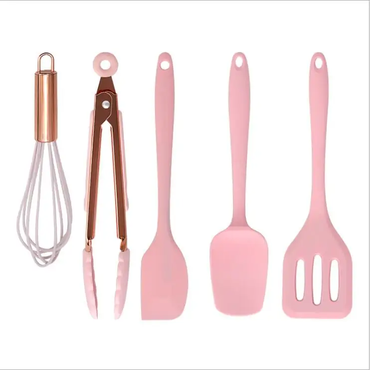 5 pcs pack kids children silicon baby food utensils set with box kids children silicone cooking utensils in small mini pink