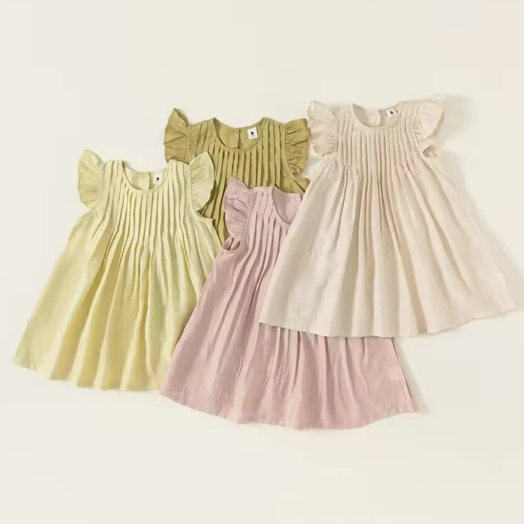 New Design Solid Children Spring Summer Clothing Flying Sleeve Kids Dress Toddler Girls Pleat Dress