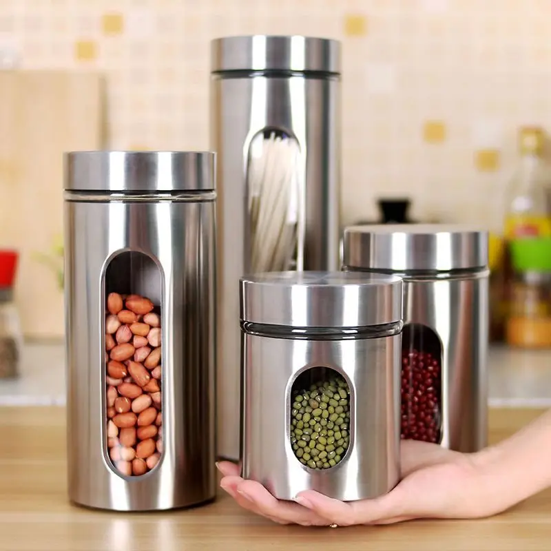 Stainless steel glass sealed jar storage tea food kitchen grain container