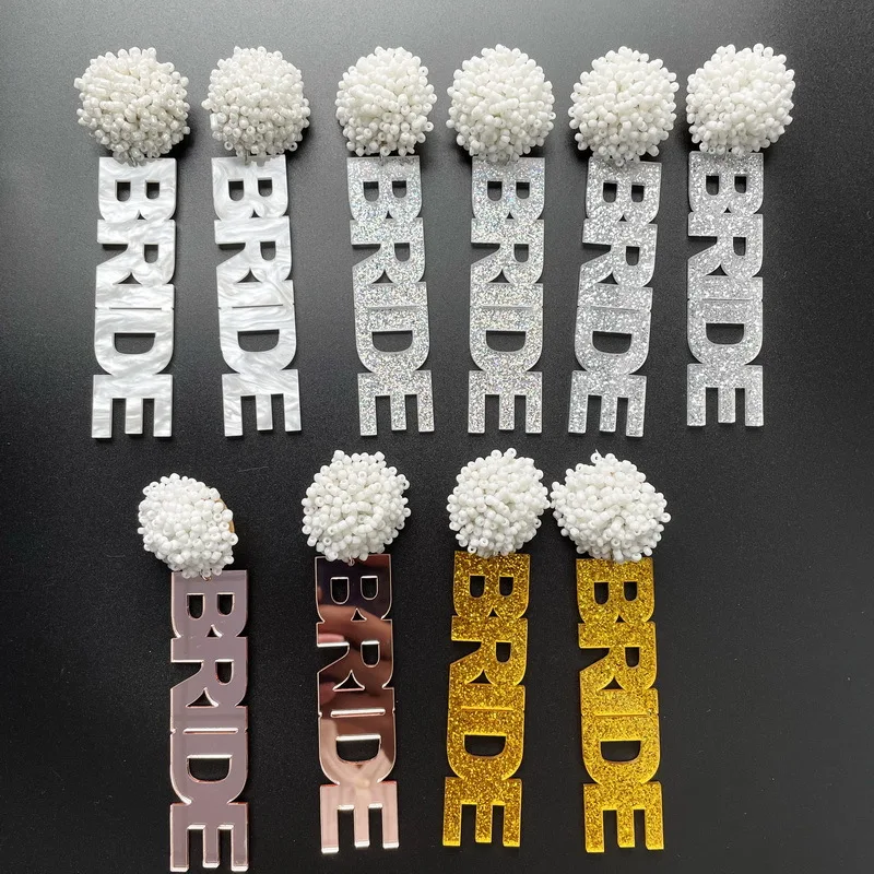 Wholesale Fashion Seed Bead Ball Stud Acrylic Letter Bride Drop Earrings for Women