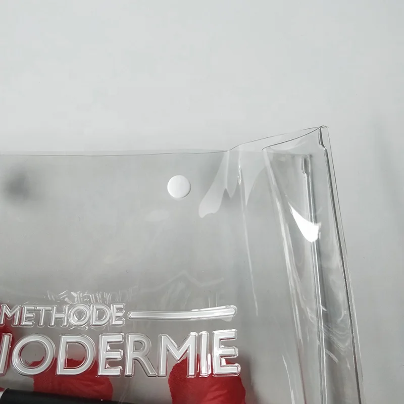 Eco friendly PVC skincare bag with press button, thicker plastic clear private label skincare packaging bag
