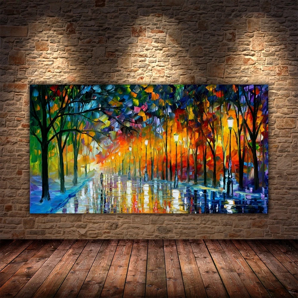 Lover Rain Street Tree Lamp Knife Scenery Oil Painting On Canvas Wall Art Painting For Living Room Home Decor