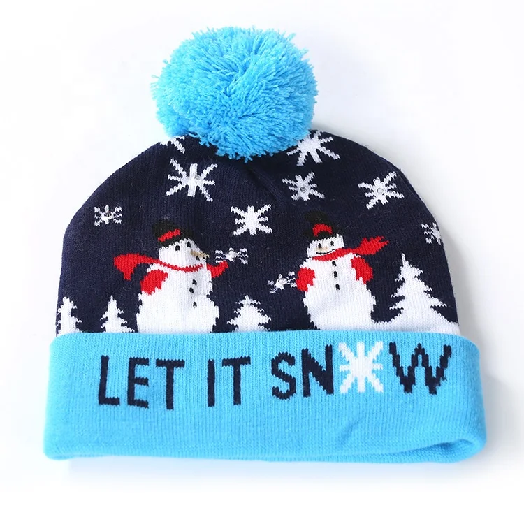 Wholesale Price New Winter Festival Xmas Party Pompom Led Hats Kids Light-up Caps Women Christmas Knitted Beanies