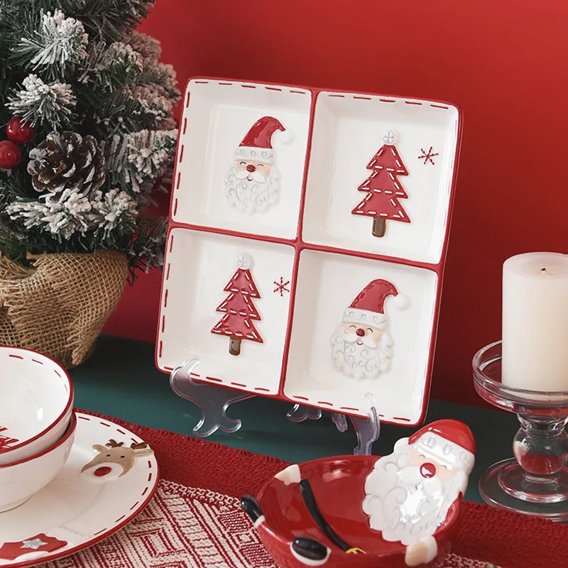 Nordic Stitching Santa Claus Dessert Plate Set Classic/Vintage/Rustic/Moroccan Style Dishwasher Safe Tableware for Kids