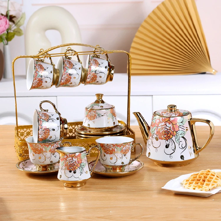 Europeanstyle tea cup set luxury Ceramic Coffee cups Tea pots Set 17Piece Gold Plated Wedding Gift