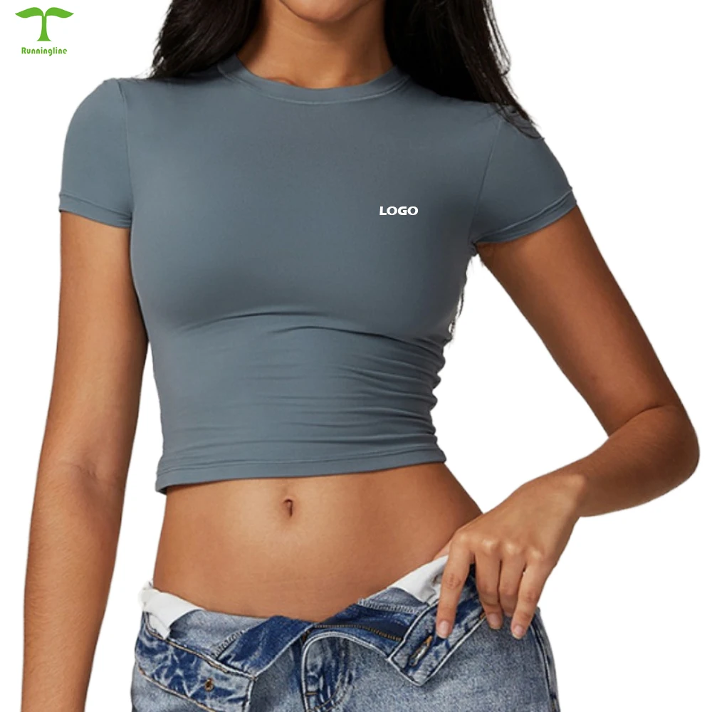 Спортивная короткая футболка с открытым пупком для бега йоги Новая женская нейлоновая плотная дышащая круглым вырезом