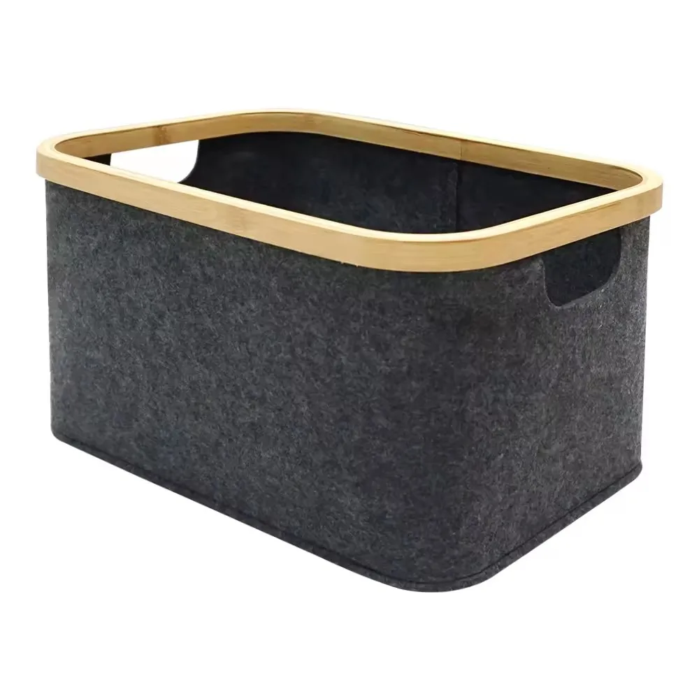 Collapsible laundry Bamboo frame eco-friendly Felt Storage Basket for Shelves Closet Customizable logo