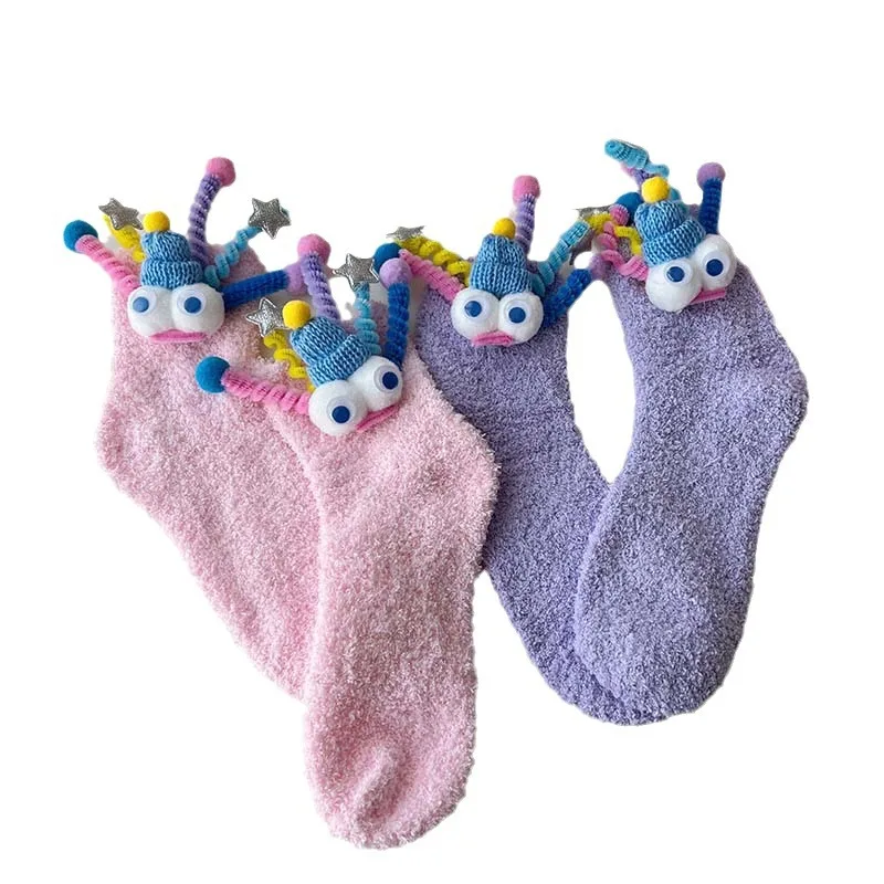 Ugly Big Eyes Fuzzy Socks Wholesale Thick Floor Socks Microfiber Winter Cartoon Funny Fuzzy Socks