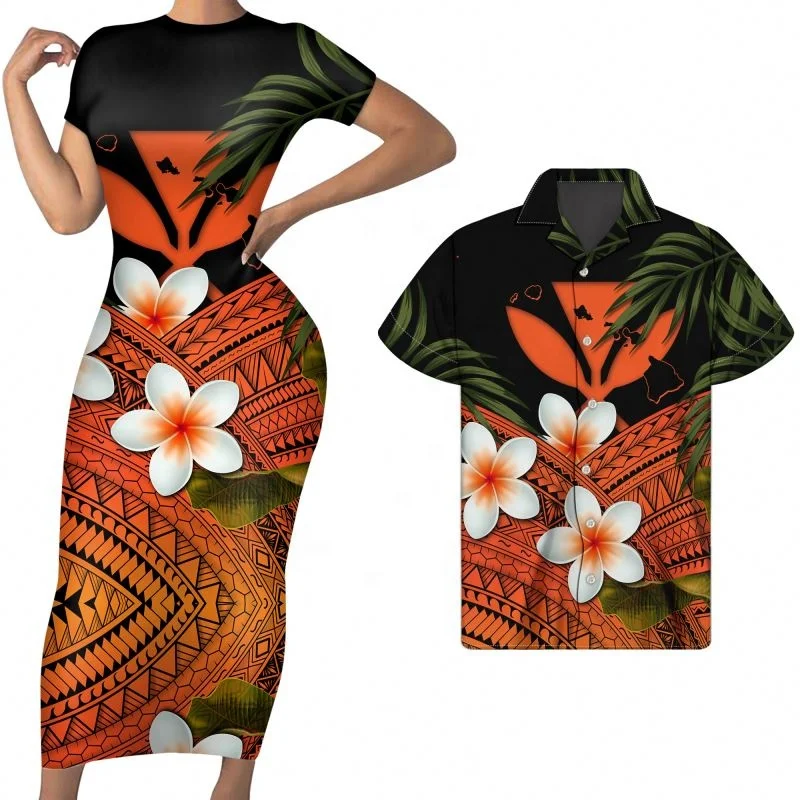 Love Orange Kanaka Maoli Tribal Polynesian Print Women Long Dress With Short Sleeve Match Men Shirts Summer Couple Clothing