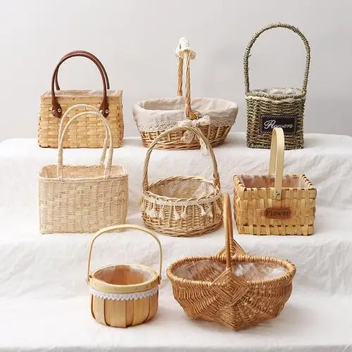 Hand-woven Wicker Purses Handbag Basket Purse Retro Summer Women Wicker Handbags Natural Storage Boxes & Bins Metal Iron Single